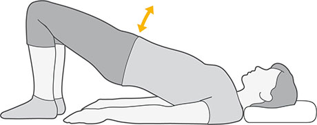 An illustration of someone laying on their back with their feet to standing, lifting their pelvis and lower back off the floor.