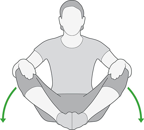 An illustration of someone sitting with their knees bent and feet together, pressing their knees downwards.