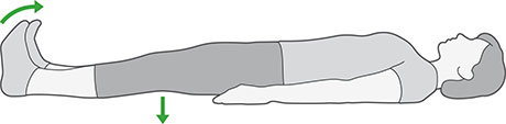 An illustration of someone laying down with their legs straight, pulling their toes and ankles towards them whilst pushing their knees to the floor. 