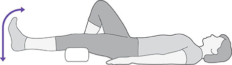 An illustration of someone laying on their back with one bent leg and one straight leg with a towel under it's knee. They're raising their foot off the floor.