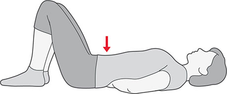 An illustration of someone laying on their back with their knees bent and hands under the small of their back. They're pulling their belly towards the floor.