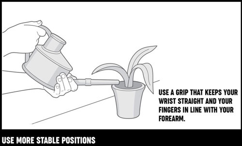 An illustration of how to hold a watering can to water a plant while keeping your wrists straight and fingers in line with your forearm.