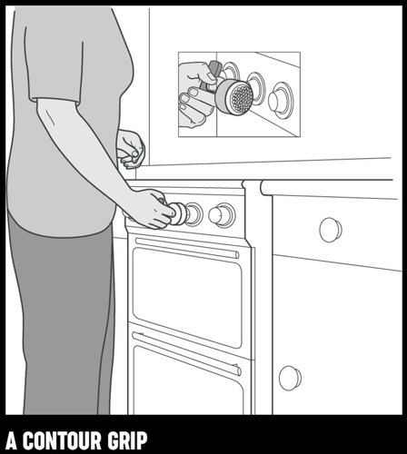 An illustration of a woman using a contour grip to turn a dial on an oven.