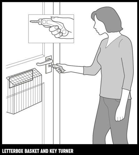 An illustration of a woman using a key turner in a door with a letterbox basket.