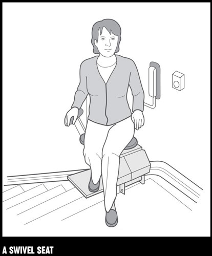 An illustration of a women sitting on a stairleft with a swivel seat.
