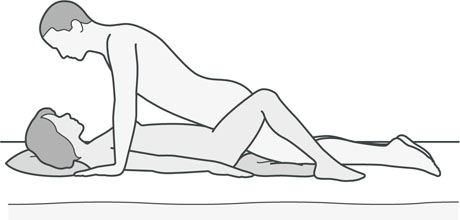 An illustration of a sexual position that's good if either partner has hip problems or a hip replacement.