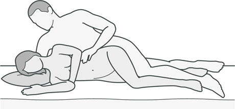 An illustration of a sexual position that's good for women with hip or knee problems.