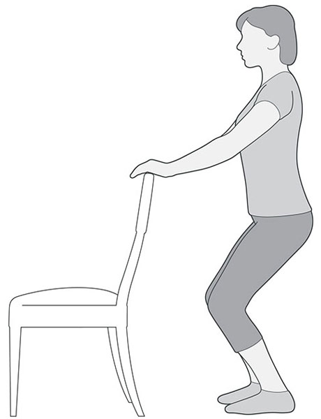 An illustration of someone holding onto the back of a chair to help them squat down, which is an exercise to help with knee pain.