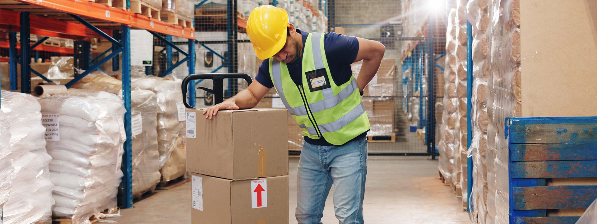 Warehouse working with visible back pain