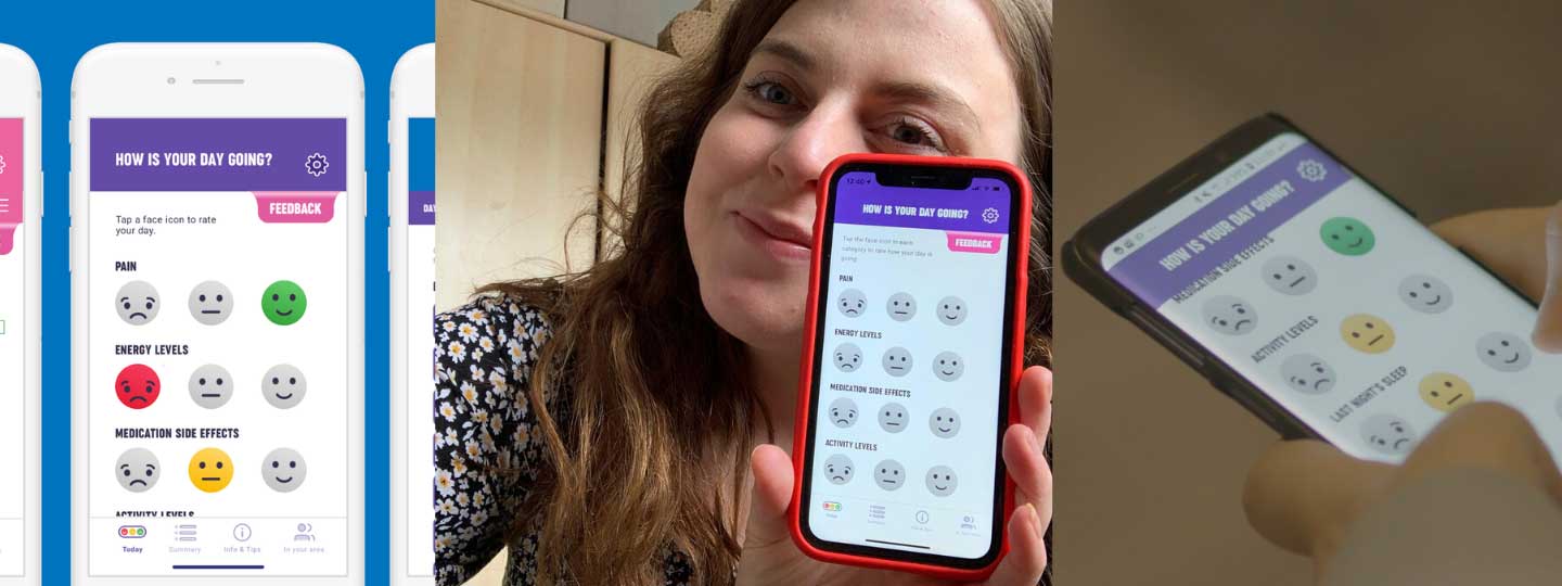 Screenshots of the Arthritis Tracker, Sam's selfie and using the app to record symptoms.