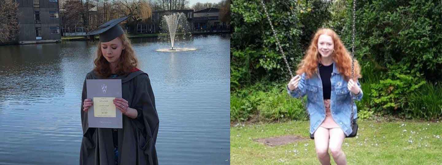 Izzie in her graduation gown and on a swing.