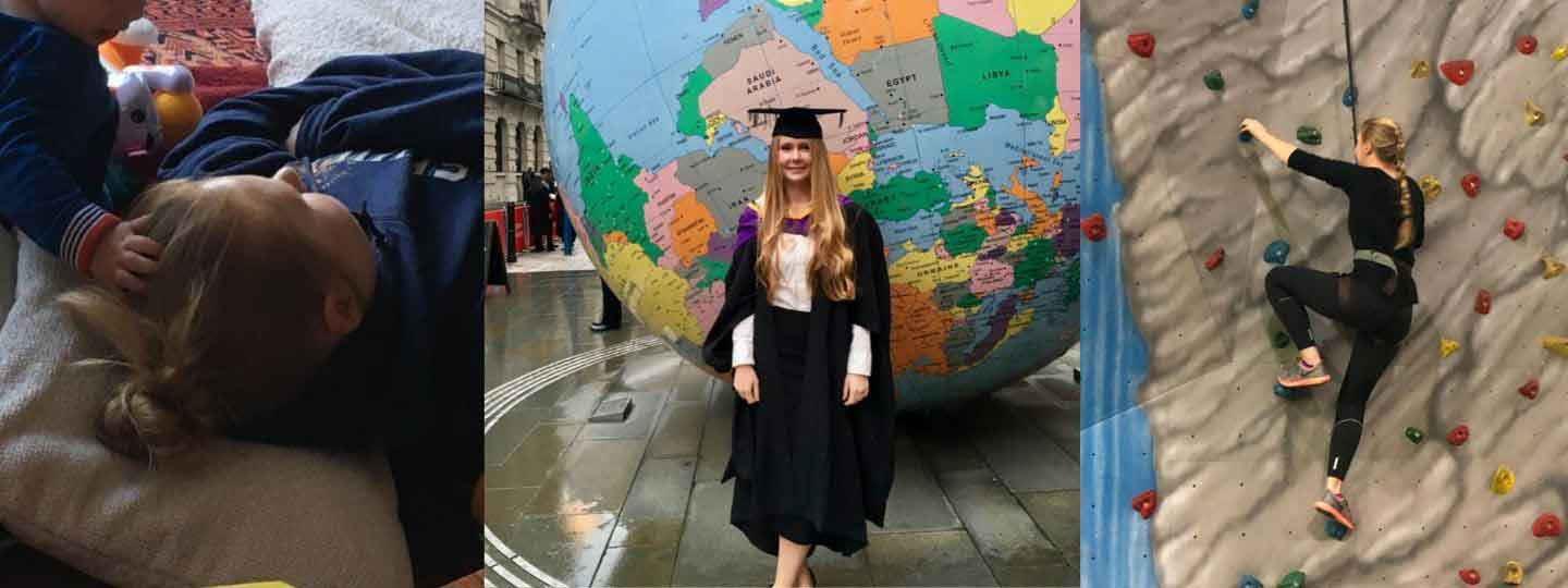 Angharad lying down resting, in her graduation gown and in action on a climbing wall.