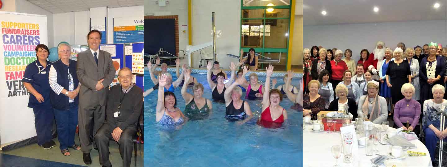 Members of the Chester branch at hospital, doing aerobics in a swimming pool and together at a dinner party.