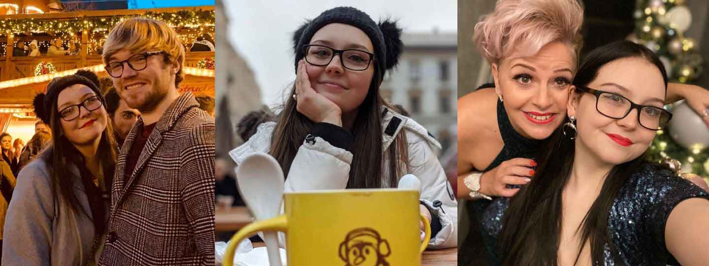 Chloe with a friend, sat with a mug and on a night out with a girlfriend.