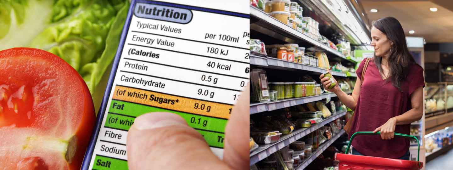 Checking food labels for levels of fat and sugar, and a lady in a supermarket checking food labels.