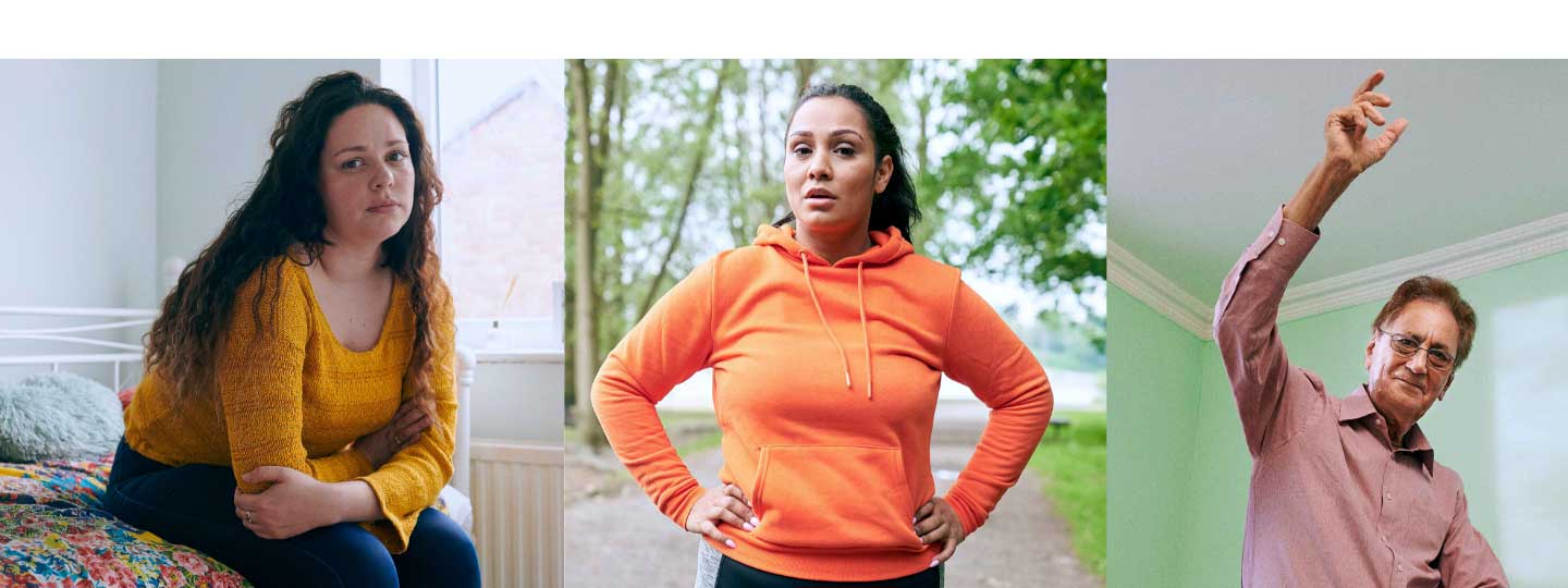 Girl sat on her bed, girl outside in running kit and a man exercising at home.