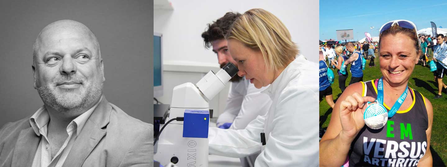 Professor James Bilzon, researchers in a lab and a lady with her running medal.