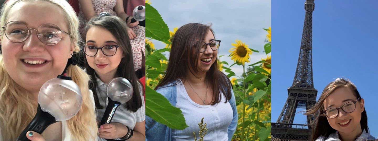 A montage of Zahra and her friends smiling, laughing and stood with the Eiffel Tower in the background.