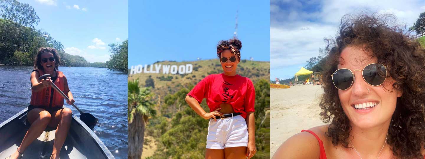 Chloe rowing a boat, standing by Hollywood sign and sat on the beach.