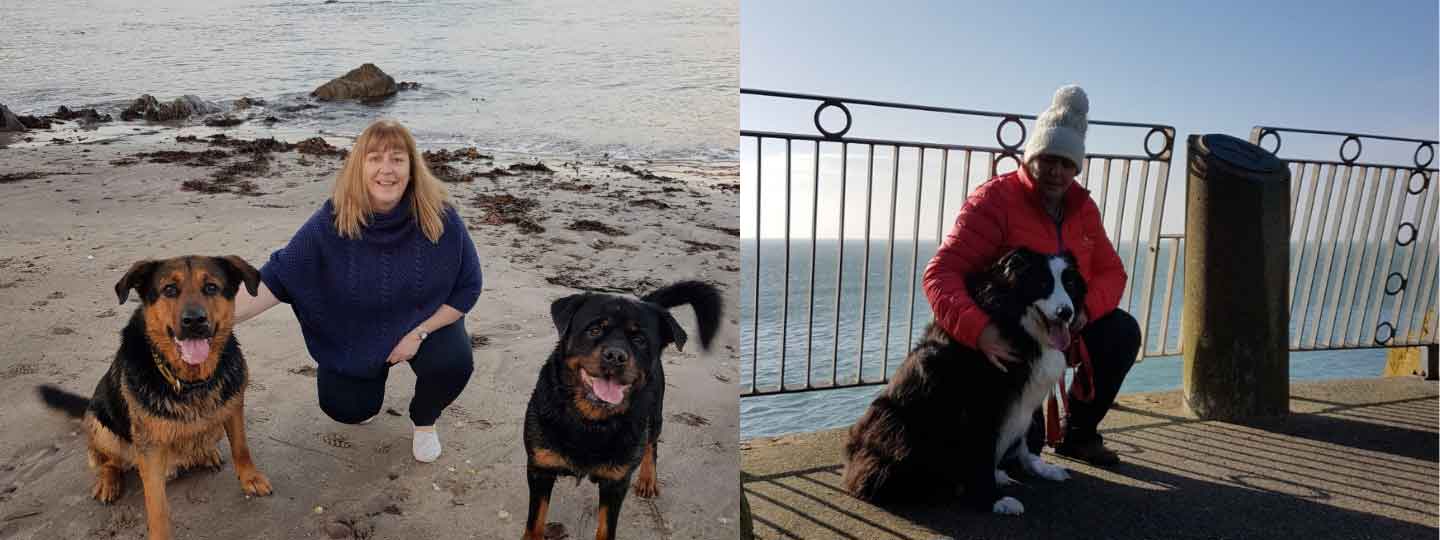 Caroline with her dogs by the beach.