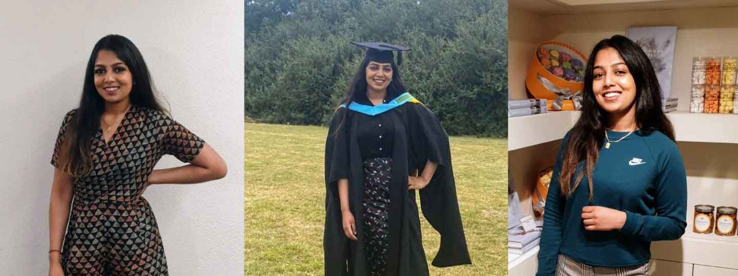 Suruthi posing the camera, in her graduation gown and in a shop.