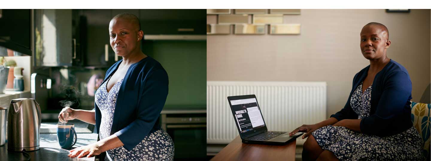 Karen at home making tea and on her laptop.