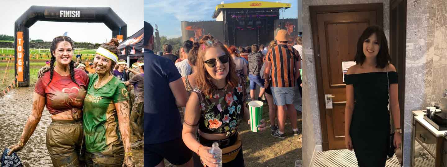 Amy finishing a running challenge, at a music festival and dressed up on a night out.