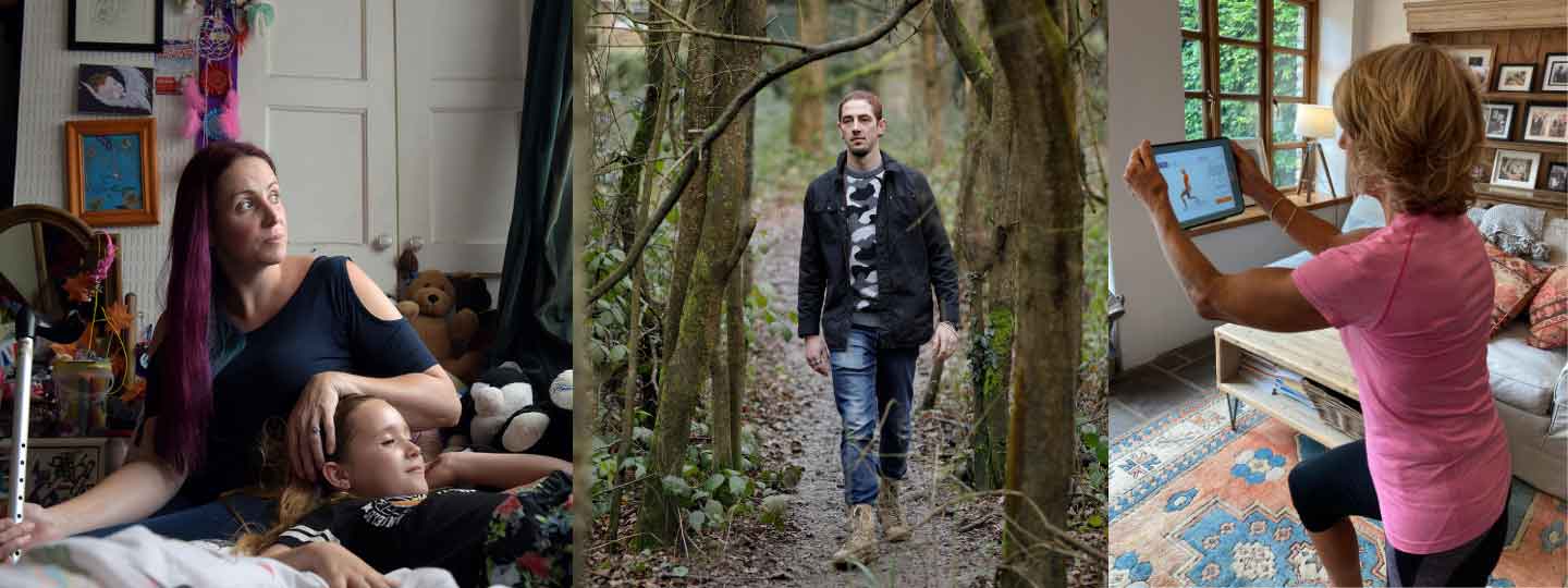 Lady with her daughter, man walking in the woods and a lady doing exercise.