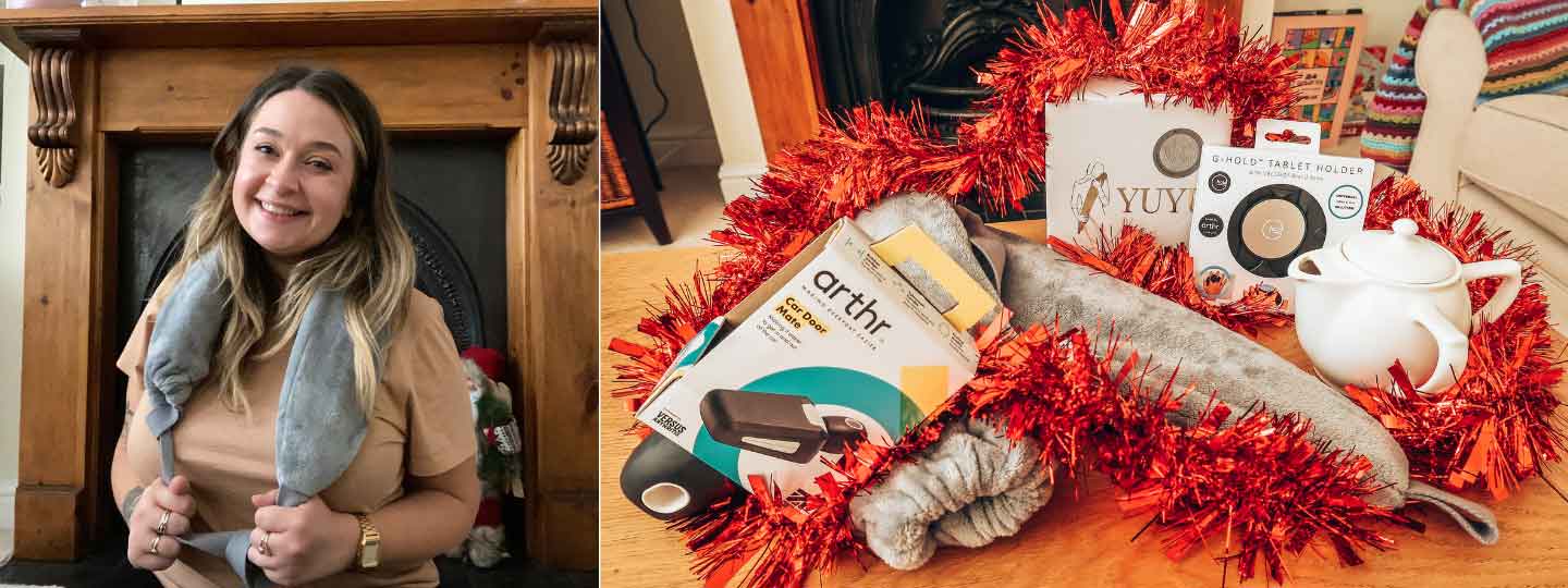 Ellen with arthr products including the hot water bottle.