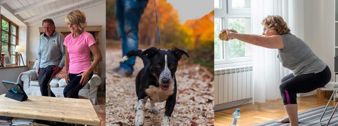 A couple doing lunges, someone out for a dog walk and a lady doing a chair exercise.