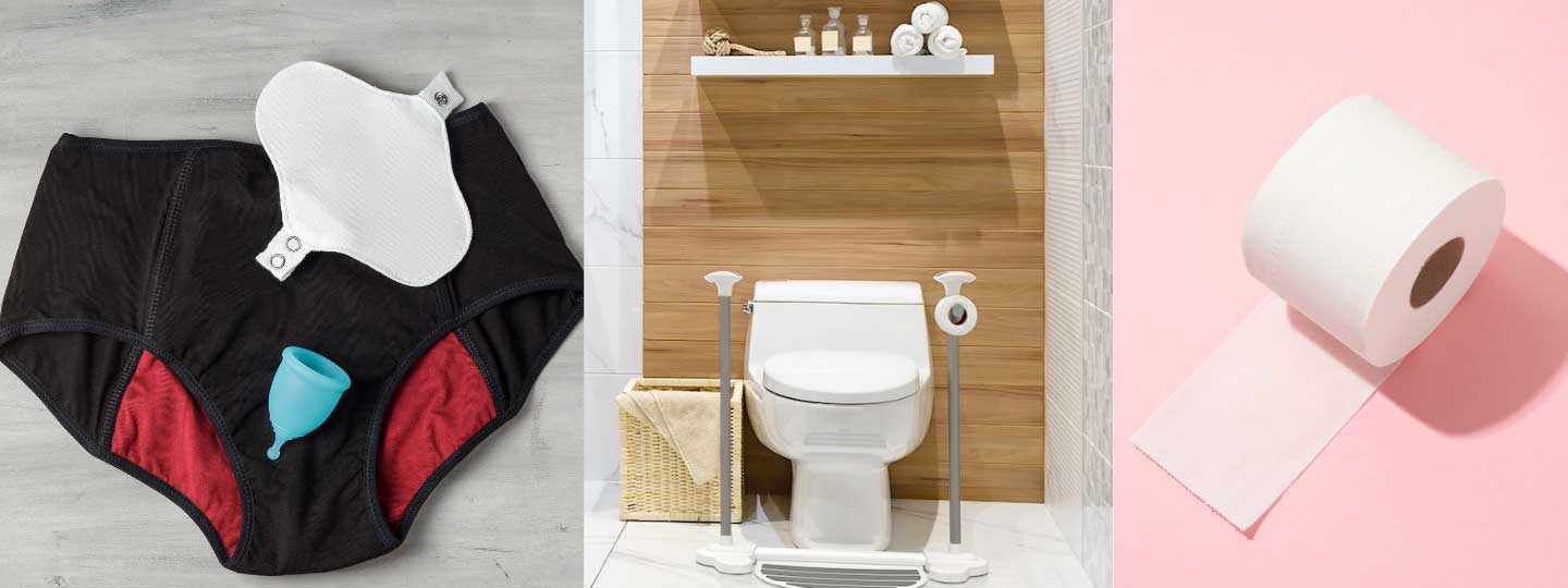 A pair of pants with a sanitary towel, toilet and toiletries.