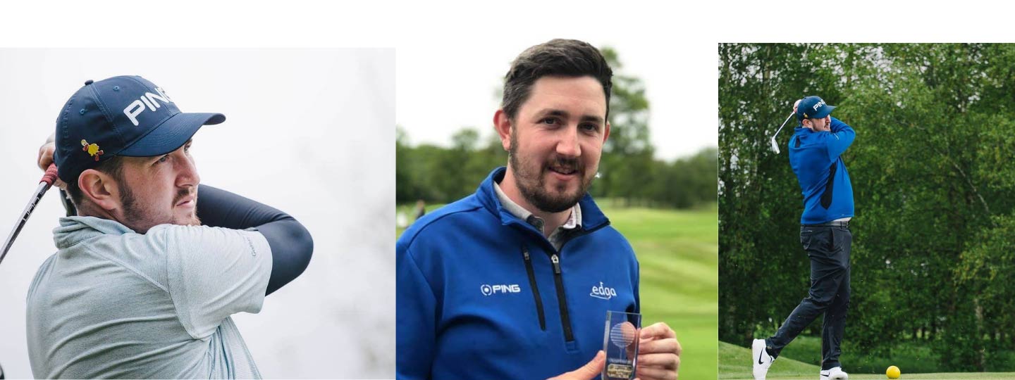 Ash with a golf trophy and playing golf.