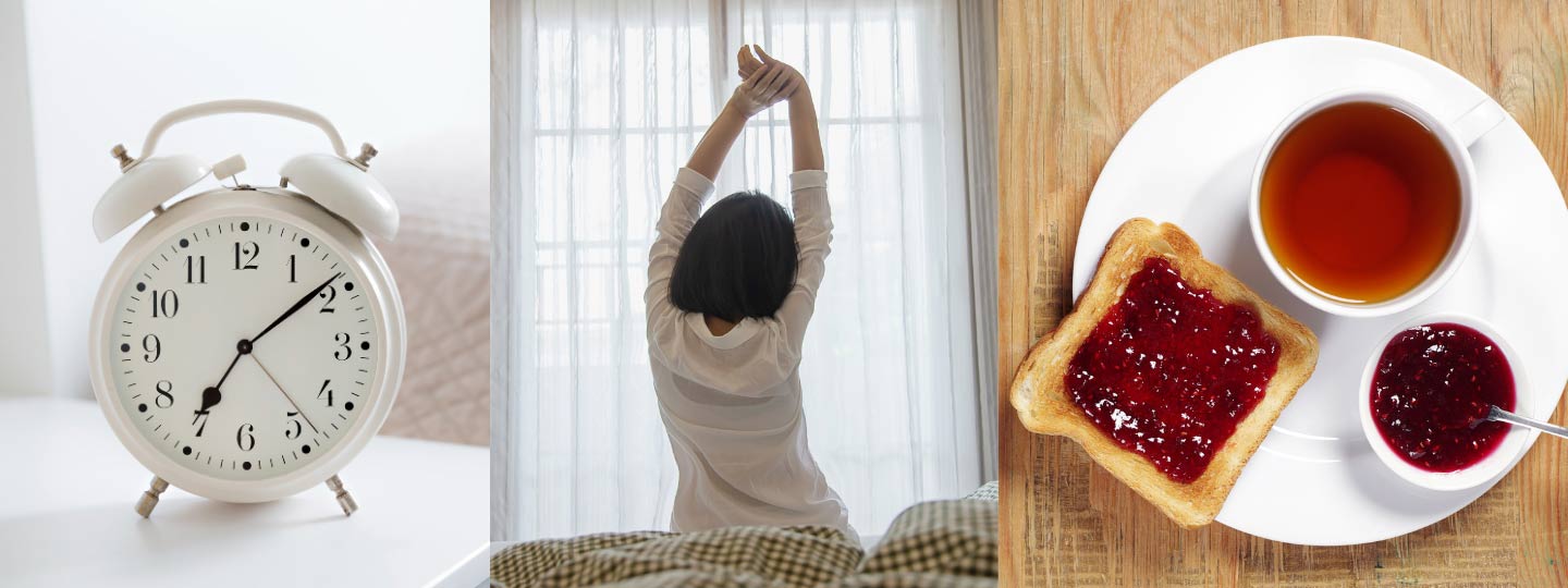 An alarm clock, a lady stretching and toast and tea.