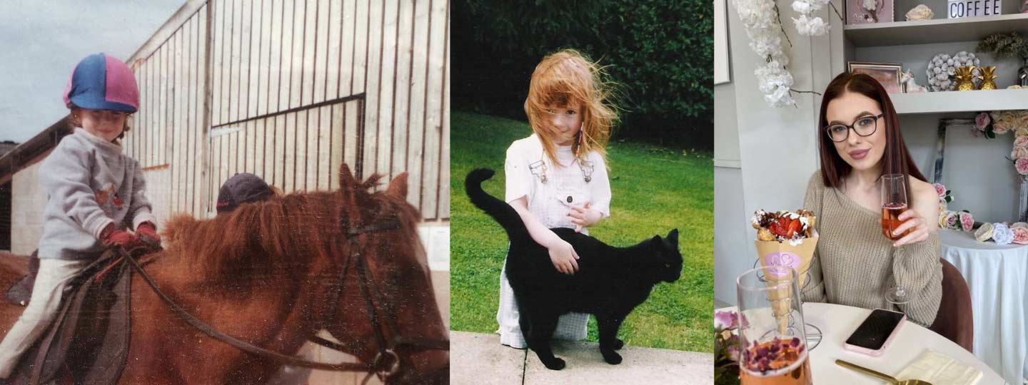 Emily as a child horseriding, with her cat and as an adult enjoying some fizz.