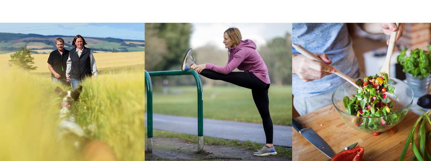 A couple walking their dog, a lady stretching and someone making a salad.