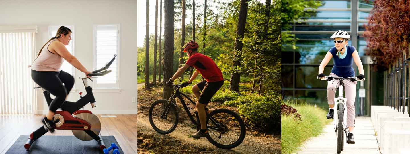 A lady on a static bike, a man mountain biking and a lady biking in town.