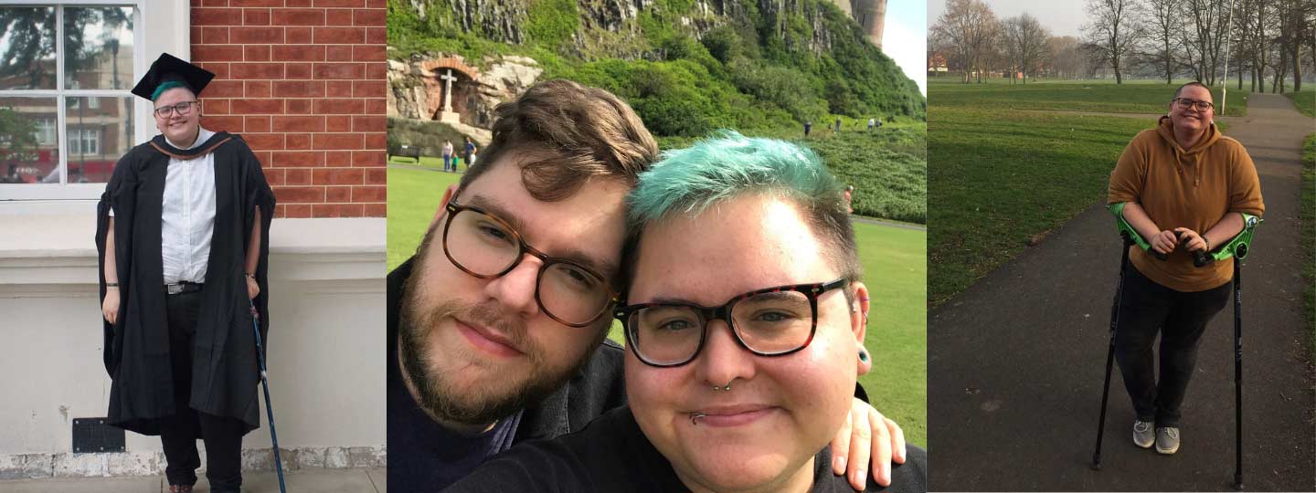 Benji at a graduation, with their partner and outside in the park.