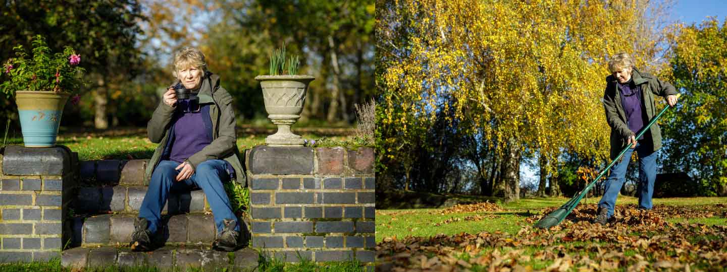 Penny sat down in her garden having a cuppa and raking leaves.