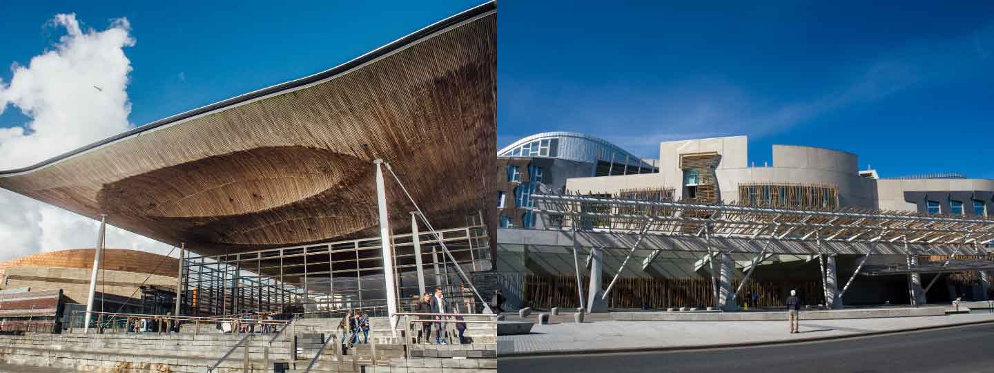 A photo of the Welsh and Scottish parliament buildings.