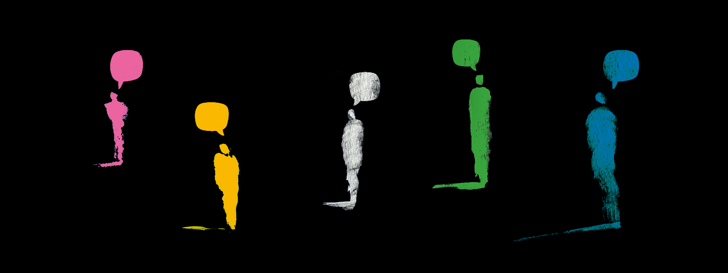Four colourful figures with speech bubbles