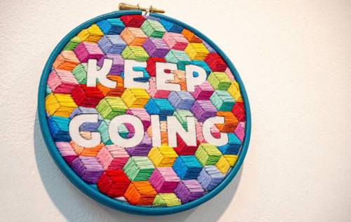 Colourful embroidery hoop which reads 'Keep Going'