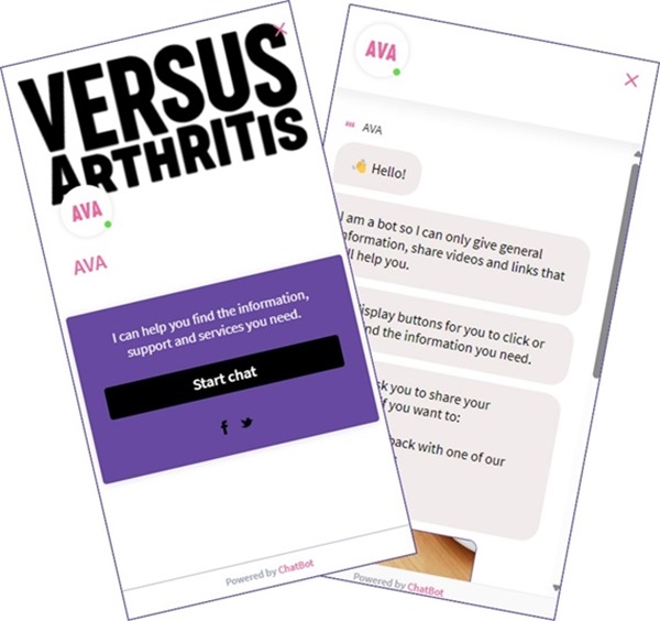 Graphic showing screenshots of the AVA chatbot home page and messenger