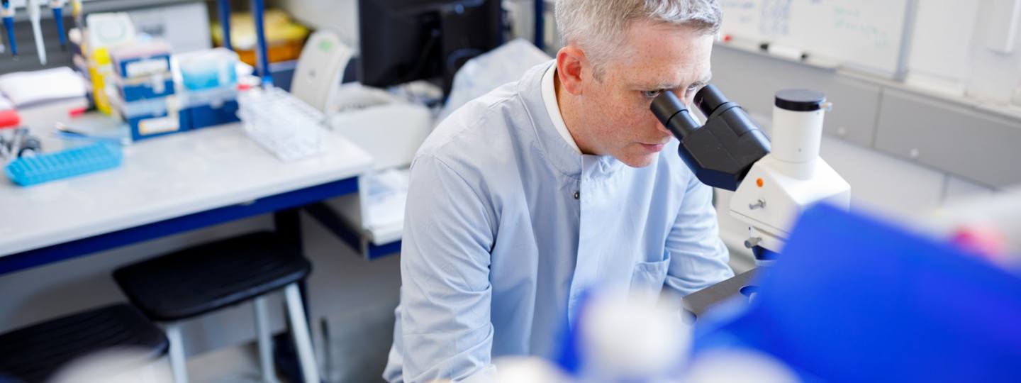 Researcher using a microscope