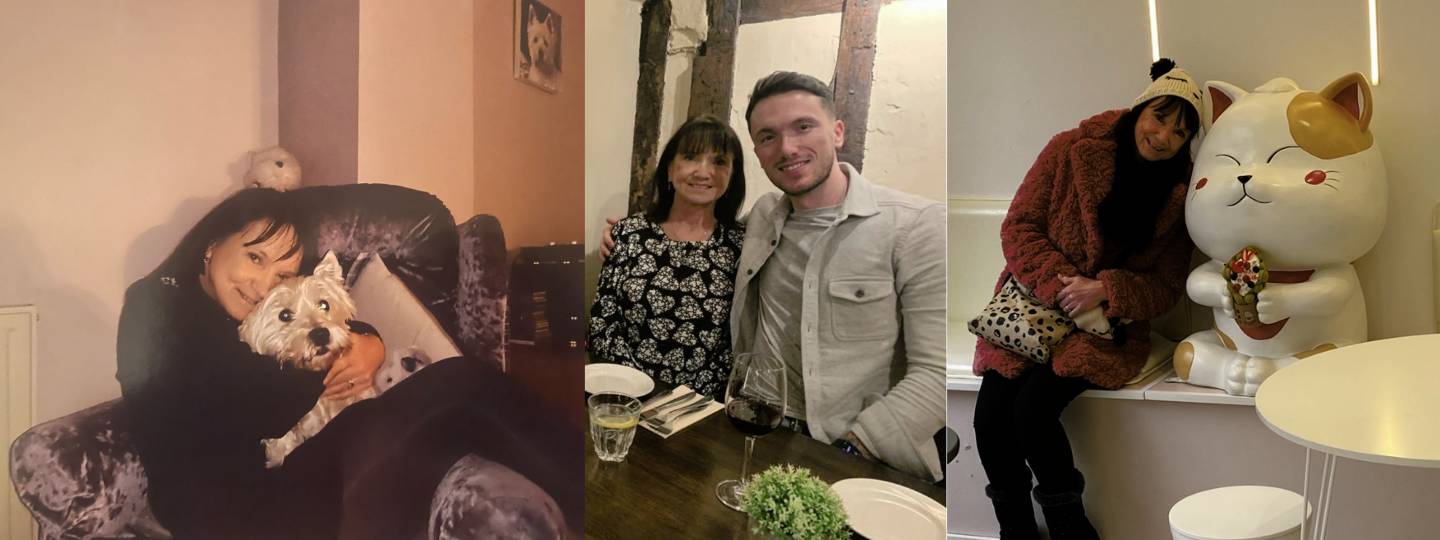 A header which has three images. One show Lewis' mum, Jackie, holding their white scottie terrier on the sofa. The second is a photo of Lewis and Jackie smiling at a restaurant. The third is a photo of smiling Jackie wearing a hat and coat sitting beside a statue of a cat. 