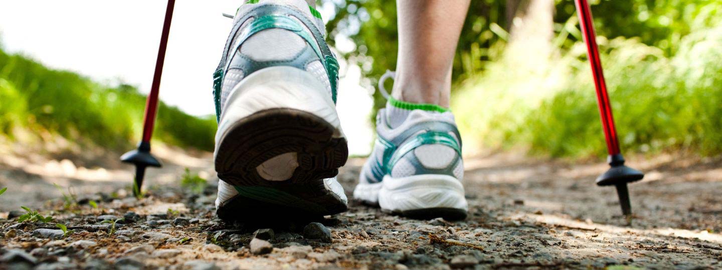 Walking Along A Path With Trainers And Poles